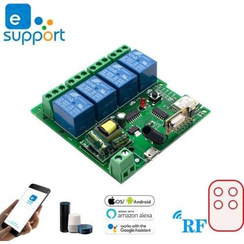 4CH EWelink WiFi Relay Module Remote Wireless Switch Receiver DC 5V 7-32V 85V-250V 10A Alexa Compatible Smart Home Automation