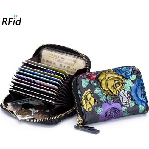 RFID Organ Credit Card Holder Case for Women Carving Flower Multi-card Split Leather Zipper Card Wallets Small Coins Money Bag