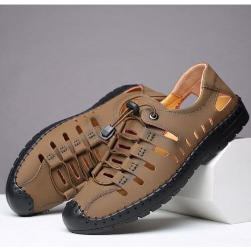 Mens Sandals New Summer Lightweight Wear Soft Sole Leather Toe Cap Hole Shoes Cowhide Casual Hollow Sandals