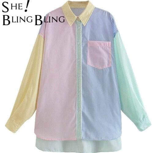 SheBlingBling Chic Green Pink Patchwork Pinstripe Women Loose Shirts Summer Drop Shoulder Casual Blouses Female High Low Tops