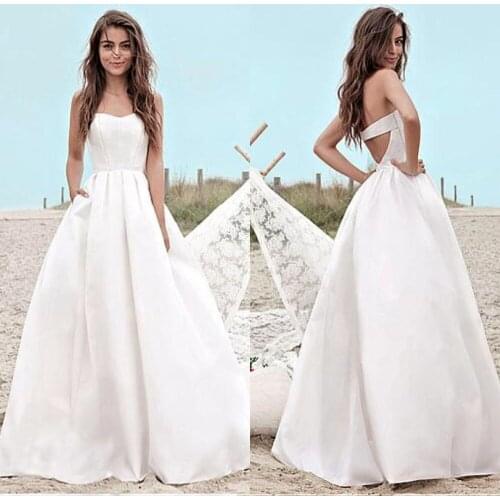 Fabulous Satin Sweetheart Wedding Dress with Pocket A-Line Floor Length Bridal Gowns Sexy Back Design Vestidos De Noiva