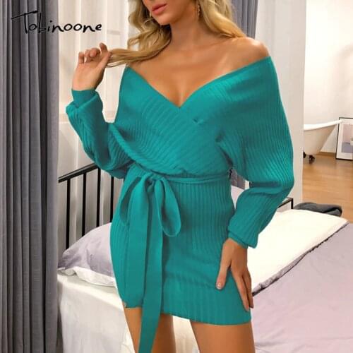 Tobinoone Elegant Long Sleeve V Neck Knitted Dress 2020 Autumn Winter Vintage Women Dress Sash Off Shoulder Ladies Office Dress