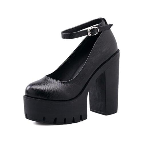Spring Autumn High Heel Platform Shoes Sexy Ruslana Korshunova Buckle Strap Thick Bottom Lady Pumps Black White Size 42