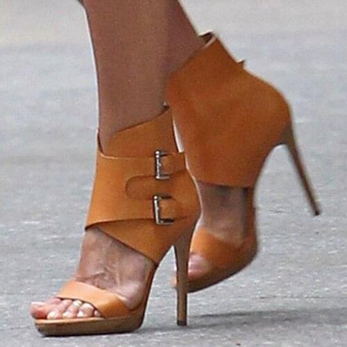 SHOFOO shoes.Elegant fashion womens shoes, yellow leather, about 12.5 cm high heel sandals, ladies sandals. SIZE:34-45