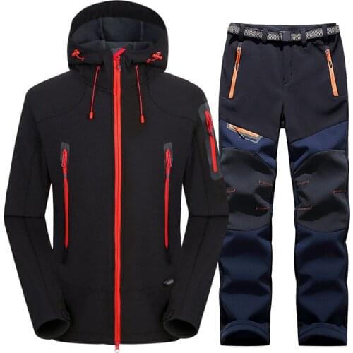 Waterproof Hiking Suit Men Thermal Fleece Softshell Jacket and Pants Outdoor Sports Hooded Coat Trekking Camping Skiing Trousers