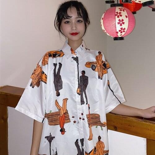 Women Summer Blouse Harajuku Tops Printed Vintage Korean Short Sleeve Casual Hawaiian Beach Female Lady Shirts Top