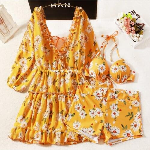 2021 Women Push Up Bikini Set Swimwear Printed Bathing Suit with Cover-Up Summer Sexy Padded Swimsuit Biquinis Casual Swim Suits