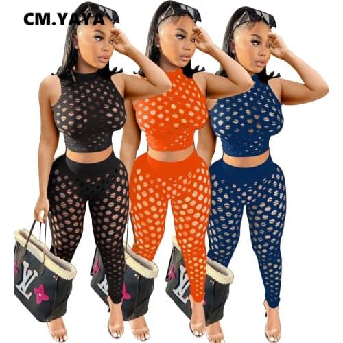 CM.YAYA Women Sets Solid Hole See-through Sleeveless O-neck Crop Tops Sheath Elastic Long Pencil Pants 2 Piece Set Summer 2021
