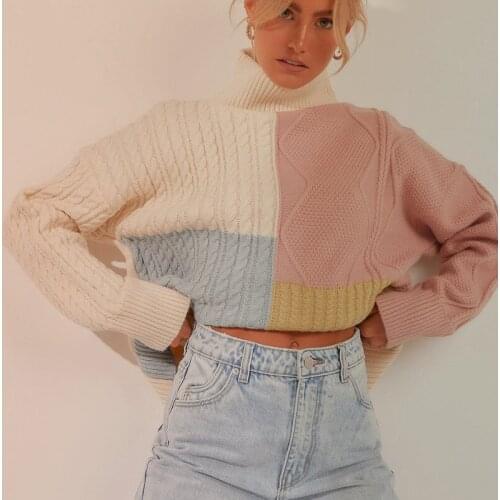 Women Knit Turtleneck Sweater Adults Color Block Geometric Pattern Long Sleeve Pullover