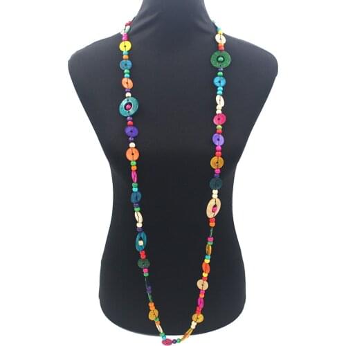 Bohemian Coconut shell Big round Wood Bead Pendant Necklaces Women Ethnic Jewelry Handmade Beaded Long Necklace Statement