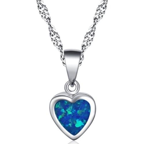 Fashion Blue Opal Heart Pendant Necklaces Chain Necklace Women Charm Jewelry Valentines Day Gift Collares De Moda 2021