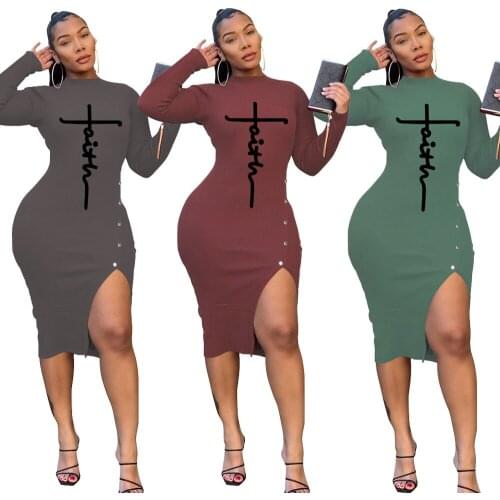 Cutubly Full Sleeve Dresses Letter Print Party Club Sexy Dress Solid Irregular Slit O Neck Women Autumn Winter Vestidos Clothing