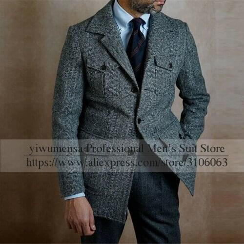 YIWUMENSA Winter Slim Fit Single Breasted Blazer With Tweed Pants 2 Set Fromal Groom Wedding Suits For Mens Herringbon Jacket