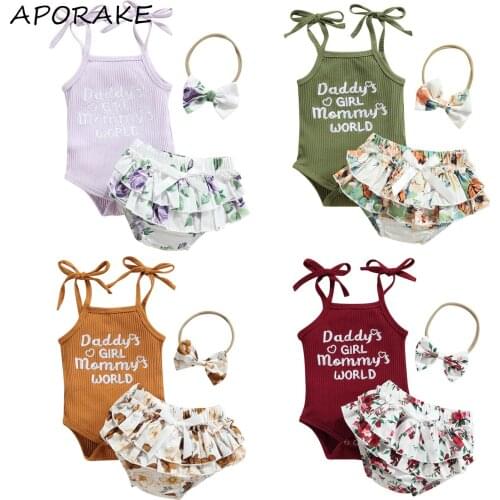 2021 0-18M Baby Girl Clothing Set Letter Embroidery Print Sleeveless Romper+Bow Floral Print Layered Shorts+Headband Sweet 3pcs