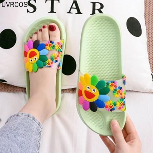2021 Women Beach Slippers Womens Rainbow Colors Woman Cute Flower Flat Shoes Female Causel Footwear Ladies Slides Plus Size 41