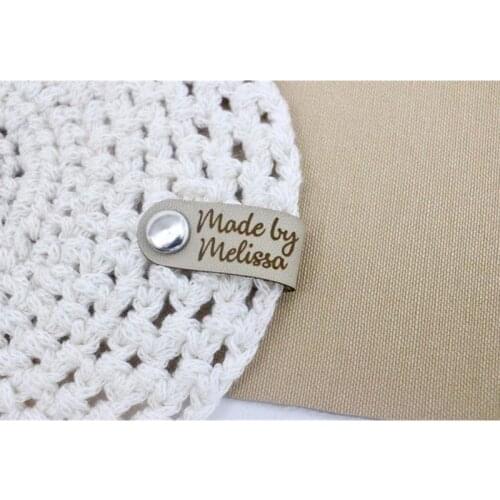 40pcs Handmade Leather Label for Knitting Crochet items, Personalized clothing tags with text logo, Sew on Garment hats labels