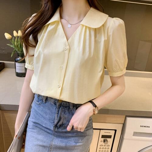 Sweet Blue Chiffon Blouse Women Pleated V-neck Slim Womens Shirt Tops Korean Chic Puff Sleeve Womens Loose Blouses Blusas Mujer