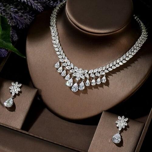 HIBRIDE Fashion Luxury Water Drops CZ Crystal Doble-layers Zircon Marquise Wedding Necklace Earrings Jewelry Set For Women N-28