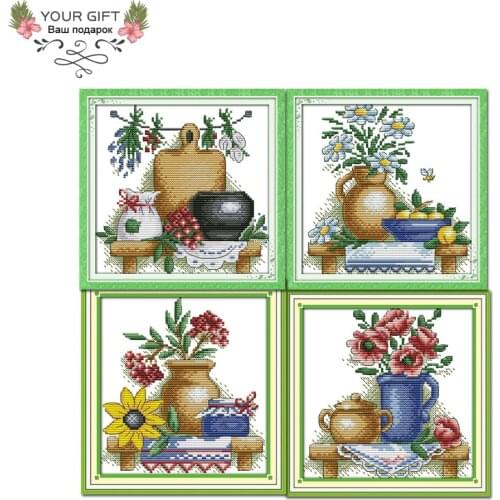 Joy Sunday J132(1)J133(2)J134(3)J135(4) Stamped and Counted Dinner Room Home Decor The Teapot With Flowers Cross Stitch