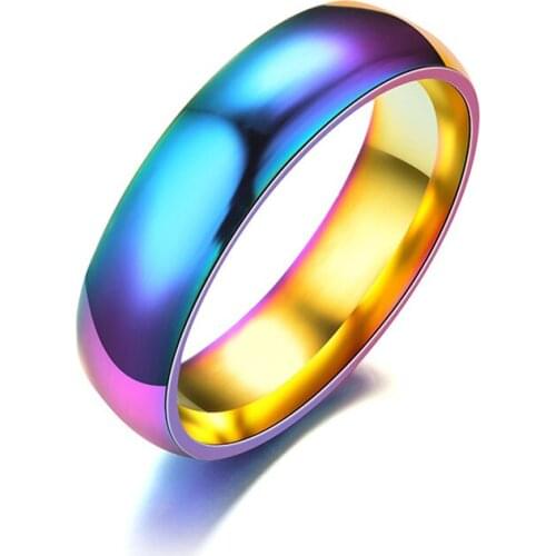 New fashionUnique 6MM Rainbow Stainless Steel Rings For Women Men Romantic Colorful Hyun Wedding Ring Valentines Day Gift