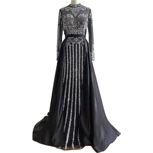 Real Pictures Muslim Evening Dress Women High Neck Long Sleeve Dubai Moroccan Formal Evening Gown
