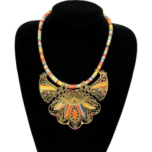 Bohemian Necklace Earring Set Chunky Enamel Multicolor Pendant Vintage Rhinestone Ethnic Choker Necklace Eardrop Dangler Kit