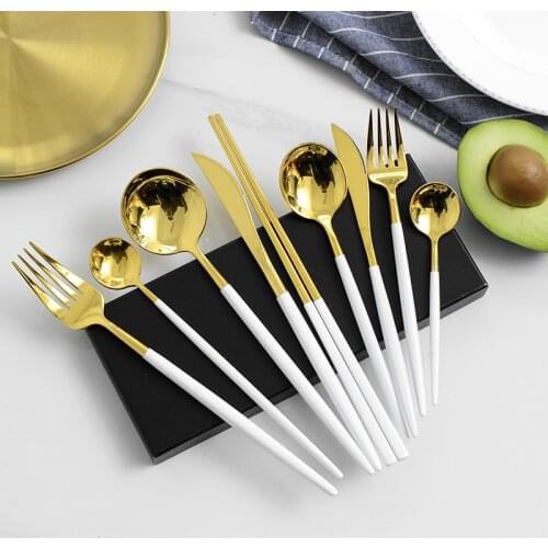 White Gold Cutlery Set Round Handle Dining Spoon Fork Knife Chopsticks 304 Stainless Steel Steak Tableware Mirror Dinnerware Set