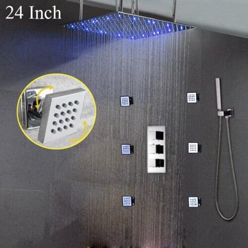 European Style LED Shower Heads Square Rain Bathroom Shower Kit 6PCS/set Shower Massage Jets Copper Thermostatic Mixer Valve
