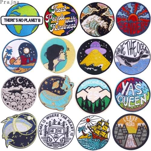 Outdoor Space Patch Iron On Patches For Clothing Stickers Wave Applique Embroidered Patches On Clothes DIY Round Letters Badges