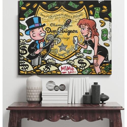 Alec Monopolyingly Street Art Champagne Money Poster Paintings On Canvas Modern Art Decorative Wall Pictures Home Decoration