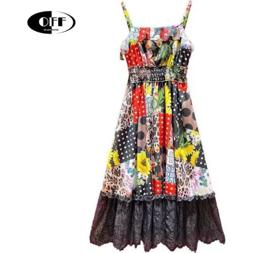 Traf fashion runway summer holiday dress women Spaghetti strap floral printed lace splice elegant party beach midi dresses robes