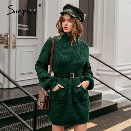 Simplee Casual turtleneck women sweater dress Autumn winter knitted dress with pockets lantern sleeve female sweater dress 2020