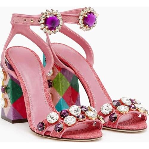 Woman summer rose pink Genuine Leather diamonds buckle sandal 10CM chunky high heel large rhinestones sandals woman real photos