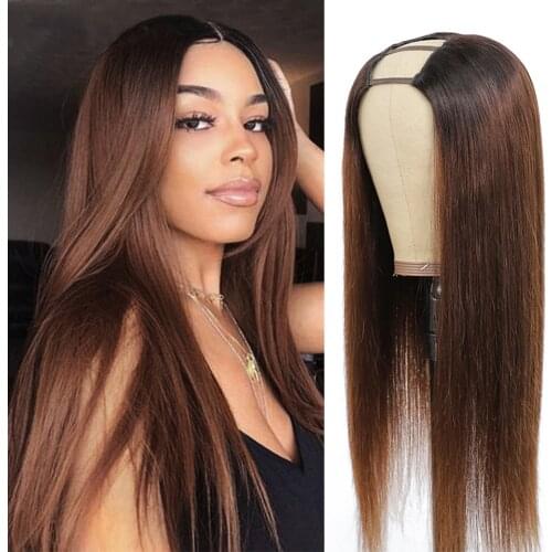 Ombre Blonde Human Hair U Part Wigs 180% Density Brazilian Remy Hair Wigs Straight Brown Middle Open Upart Wigs Black Hair Wigs