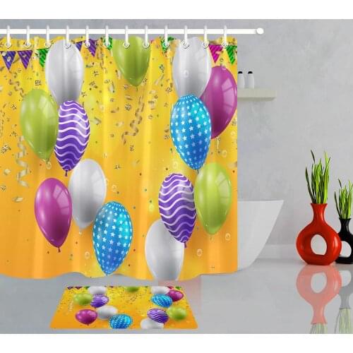 Colorful Balloon Yellow Shower Curtain Gold Ribbon Confetti Celebrate Home Decor Waterproof Polyester Bathroom Curtain Bath Mat