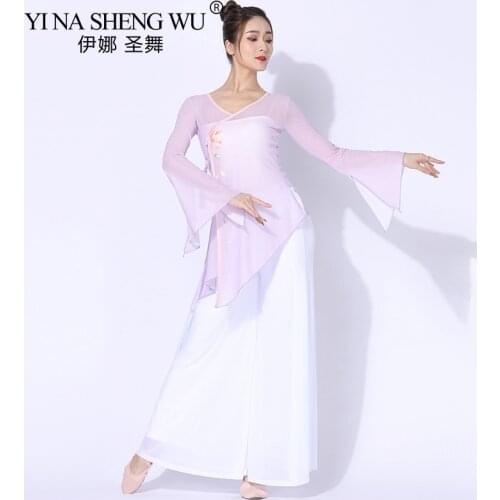 Women Classical Dance Shirt Chinese Traditional Floral Mesh Top Rhyme Gauze Dancer Practice clothes Pants Fairy Suit Lightweight