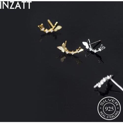 INZATT Real 925 Sterling Silver Zircon Two Butterfly Stud Earrings For Fashion Women Hiphop Fine Jewelry Minimalist Accessories