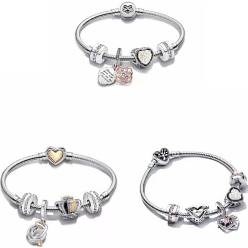 Original 925 Sterling Silver Pandora Bracelet Mothers Day Love Bracelet Set Suitable for Women Beaded Diy Fashion Jewelry