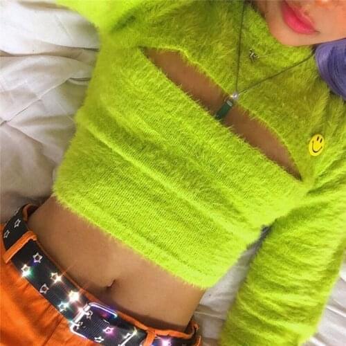 Womens sexy hollow out autumn sweaters short style long sleeved avocado green warm soft knitted pullover for ladies girls tops