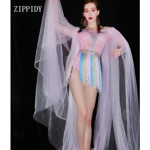 2019 Colorful Fringes Rhinestones Bodysuit Long Mesh Cloak Stage Dance Costume Nightclub Dance Female Singer Show Leotard