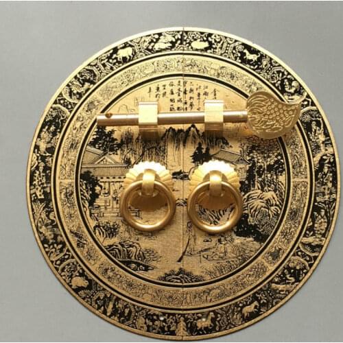 14 18CM Brass Round Furniture Cabinet Door Pulls Chinese Copper Landscape Carving Wardrobe Cupboard Bookcase Handles Latch Lock