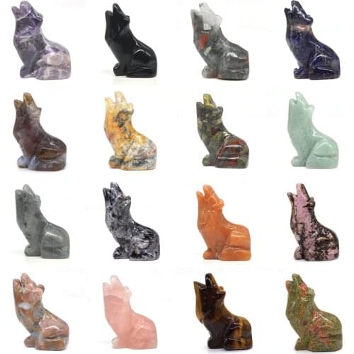2" Wolf Statue Natural Stone Carved Figure Room Ornament Healing Crystal Reiki Animal Figurine Home Office Desktop Decoration