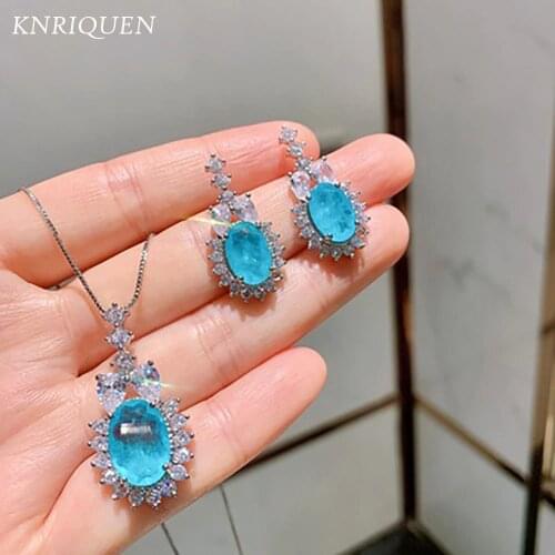 2021 Hot Luxury 925 Sterling Silver Paraiba Tourmaline Gemstone Lab Diamonds Pendant Necklace Earrings Fine Jewelry for Women