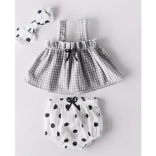 3pcs Summer Baby Girl Set Style Baby Plaid Sleeveless Sling Tops + Bread Trousers + Hairband Baby Girl Three-piece Suit