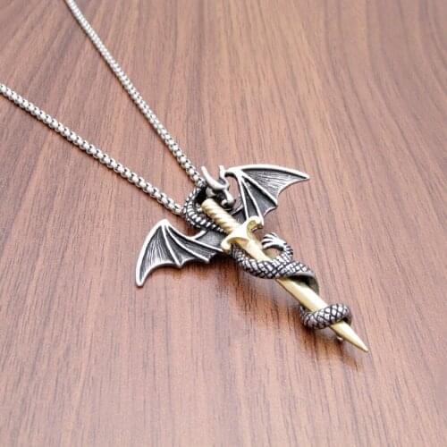 Free Shipping Gothic 316L Stainless Steel Silver Color Black Evil Dragon Golden Plated Sword Pendant Jewelry Of Gift