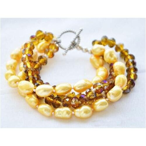 Handwork Real Pearl Bracelet,8inches 4Strands 8inches Crystal Yellow Freshwater Pearl Bracelet,Women Gift Jewellery
