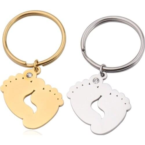 Fnixtar 20Pcs/Lot Cute Baby Feets Rhinestone Key Chain Mirror Polished Stainless Steel Initials Keyring For DIY Making Keychain