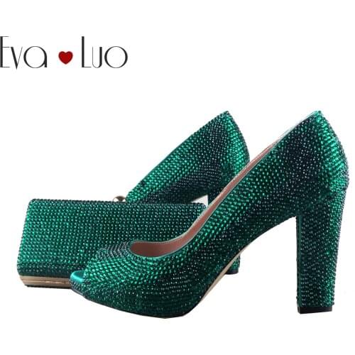 BS1121 DHL Custom Made Green Crystal Italian Shoes With Matching Bag Set Block Heel Open Toe Women Shoes Dress Pumps