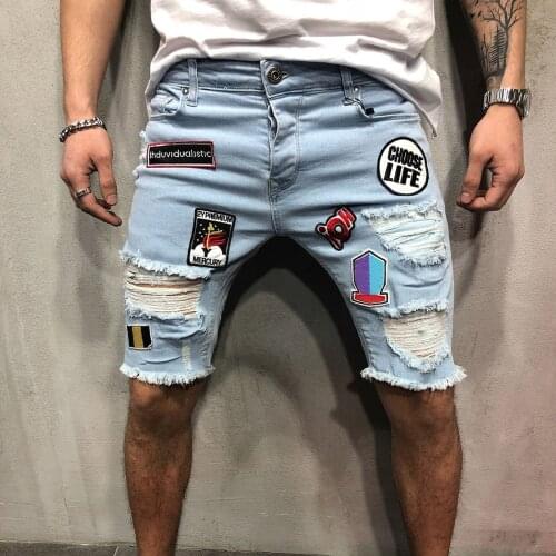 Men Jeans Shorts Ripped Holes Denim Shorts Summer Casual Funny Pattern Short Pants Hip Hop Highstreet Wear