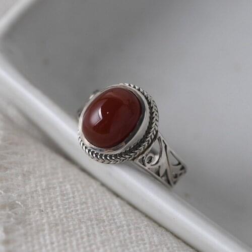 FNJ Natural Red Agate Ring 925 Silver 100% Original Pure S925 Sterling Silver Rings for Women Jewelry Hollow Flower